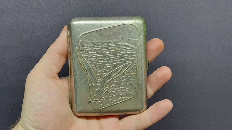 USSR Soviet metal cigarette case "Seagull is flying over Leningrad" 1970's.