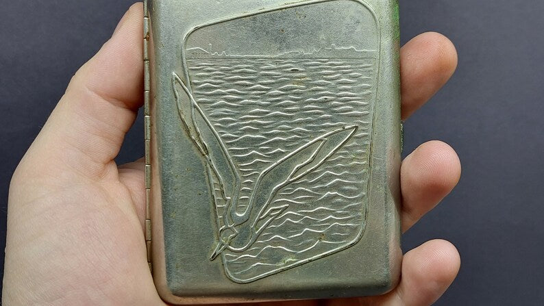 USSR Soviet metal cigarette case "Seagull is flying over Leningrad" 1970's.