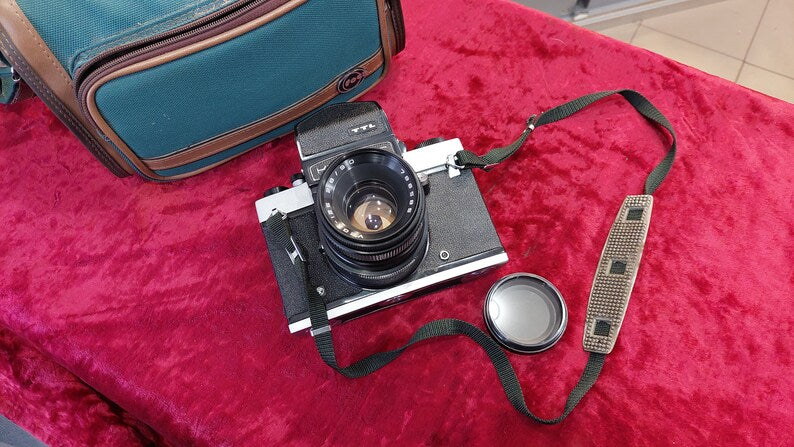 A rare vintage Kyiv-6S TTL camera is a medium format single-lens reflex camera with a Vega-12B 2.8/90 lens.