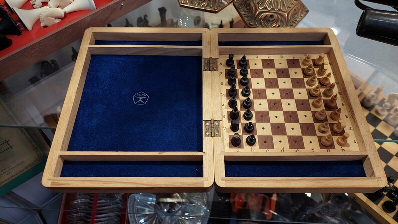 Good Authentic Soviet Wooden Travel Pocket Chess Set Russian USSR Vintage Antique 1960s Great Condition