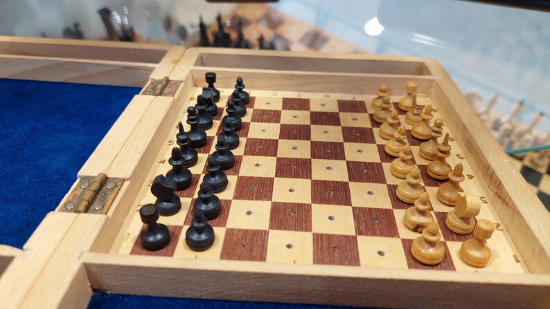 Good Authentic Soviet Wooden Travel Pocket Chess Set Russian USSR Vintage Antique 1960s Great Condition