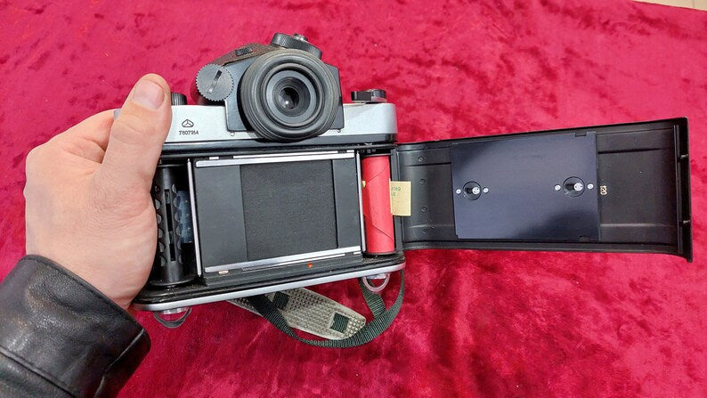 A rare vintage Kyiv-6S TTL camera is a medium format single-lens reflex camera with a Vega-12B 2.8/90 lens.