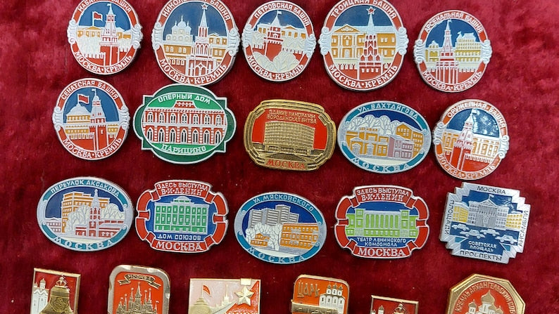 Lot USSR Soviet Era Cold War Enamel Badges Communism CCCP Badges for Vintage Backpacks Jackets Hats Caps Uniforms 27pcs Moscow badges