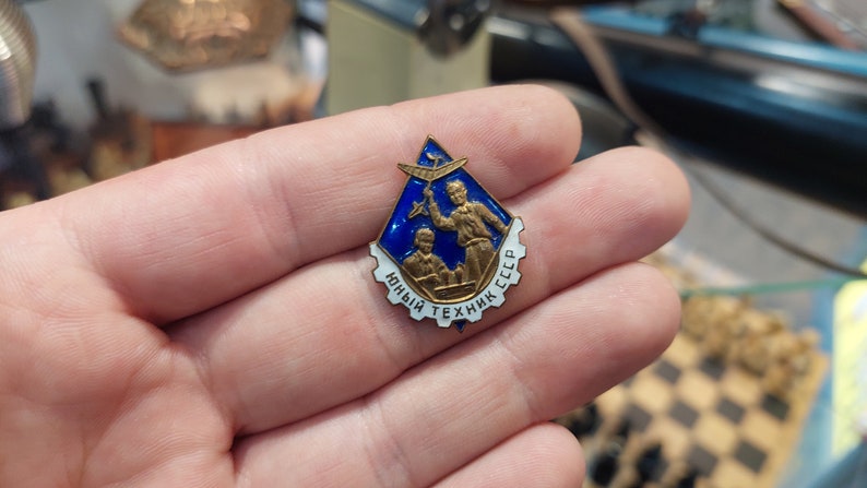Vintage Original Soviet USSR Badge "Junior Technician" MMD Brass Glass Enamels / collectible badge /