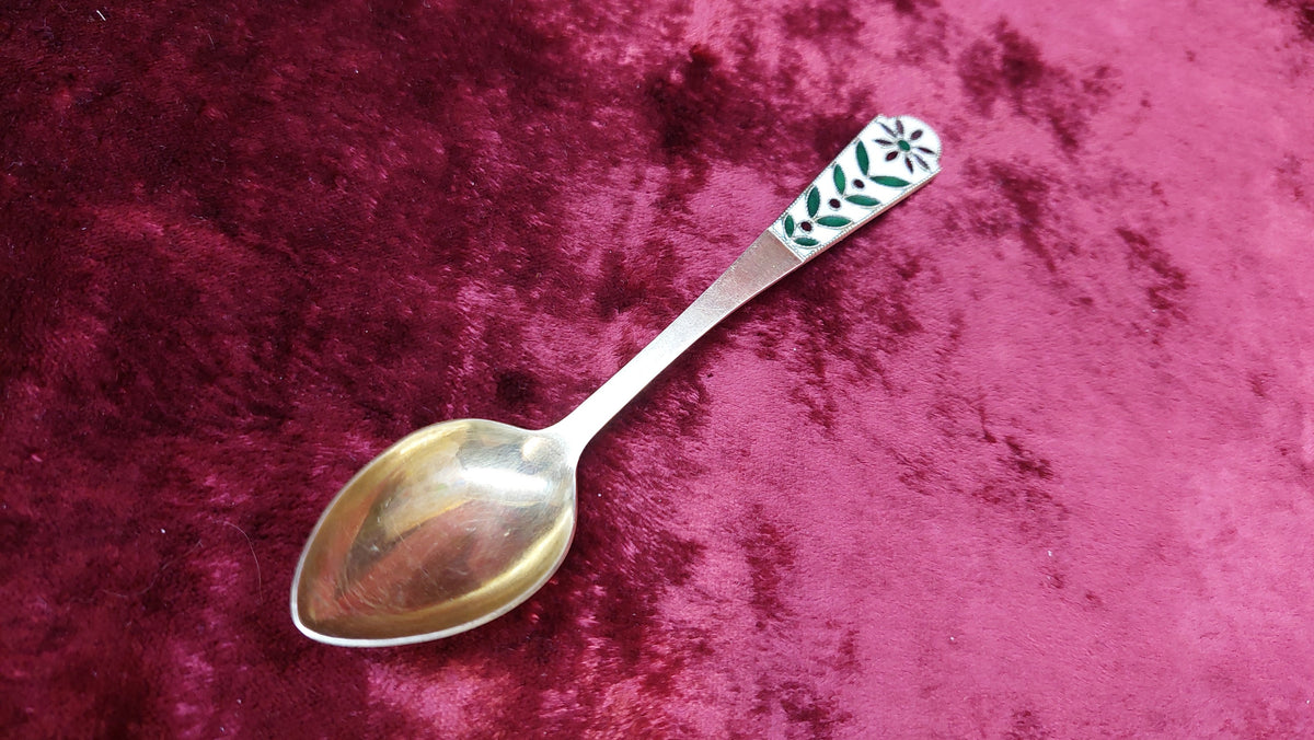 Vintage Soviet USSR Floral Enamelled Gold Plated 916 Silver Dessert Spoon. Leningrad jewelry factory.