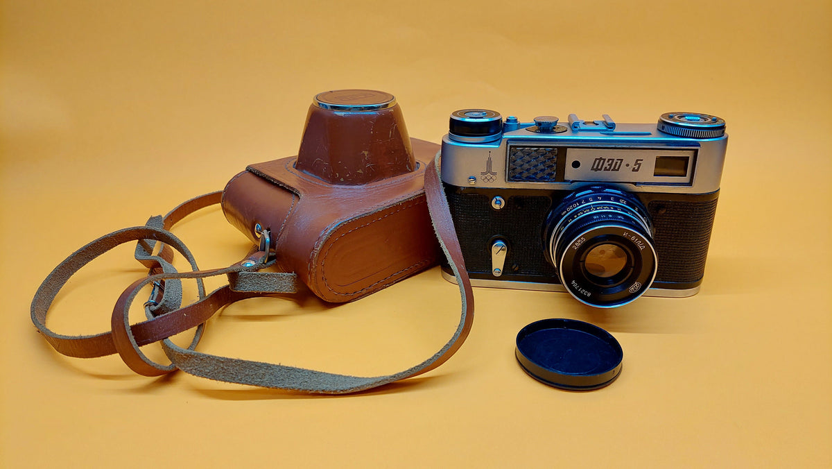 Old Soviet camera FED - 5 lens Industar - 61 Ld (2.8/55) Olympics. Quality mark. Made in USSR.