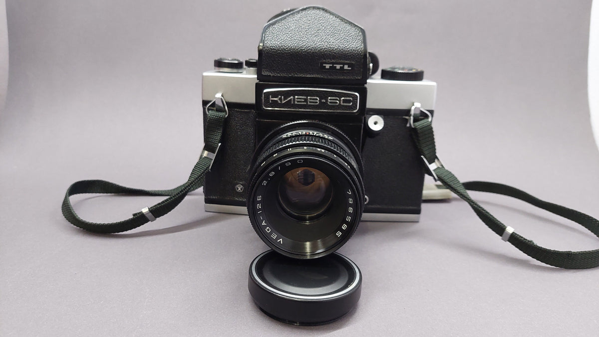 A rare vintage Kyiv-6S TTL camera is a medium format single-lens reflex camera with a Vega-12B 2.8/90 lens.