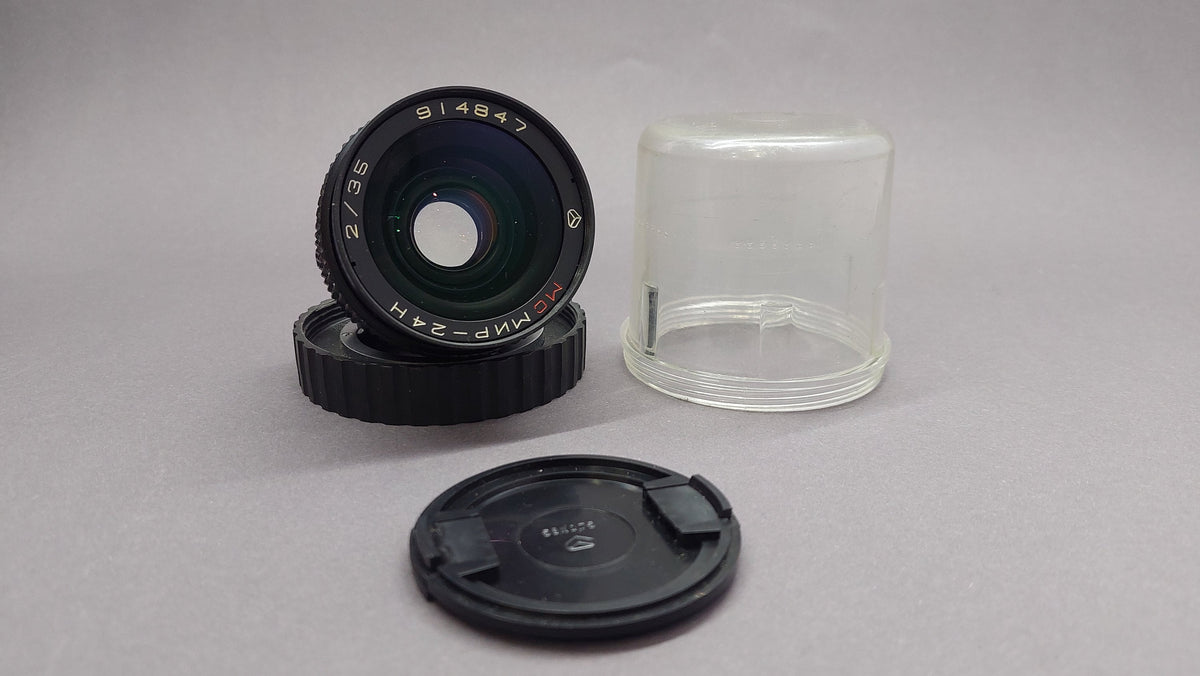MS Mir-24N 24N 2/35 35mm f2 Soviet lens, Nikon, Nikkor, Kyiv mount + Canon EF adapter. EXCELLENT+