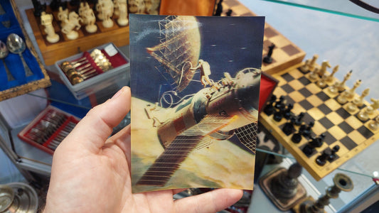 Postcard 3d. Astronauts in outer space. Orbital complex Salyut-Soyuz