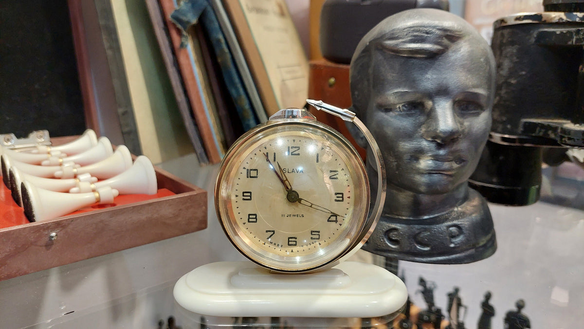 Soviet vintage alarm clock Slava Globus Rocket, Soviet space program 190s, USSR space