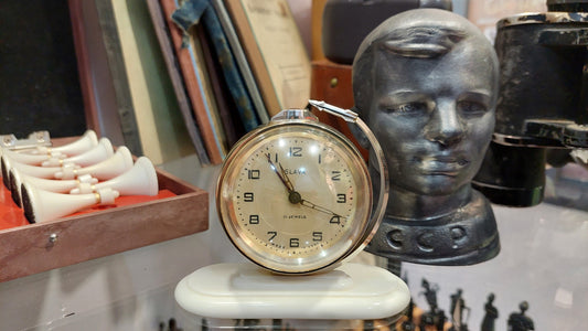 Soviet vintage alarm clock Slava Globus Rocket, Soviet space program 190s, USSR space